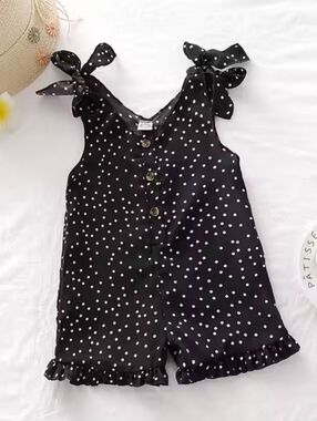 Girl Polka Dot Romper Black & White Shoulder Jumpsuit Ruffle Hem Summer Sunsuit